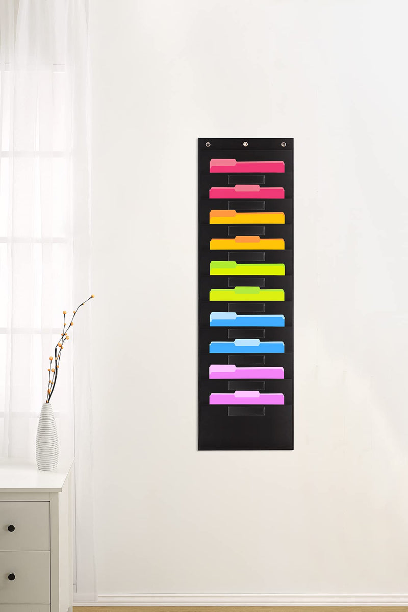 Heavy Duty Storage Pocket Chart (10 Pockets) - 3 Over Door Hangers Included - Hanging Wall File Organizer for File Folders Home/Office Papers & More - (Black), 14 inch x 47 inch - NewNest Australia