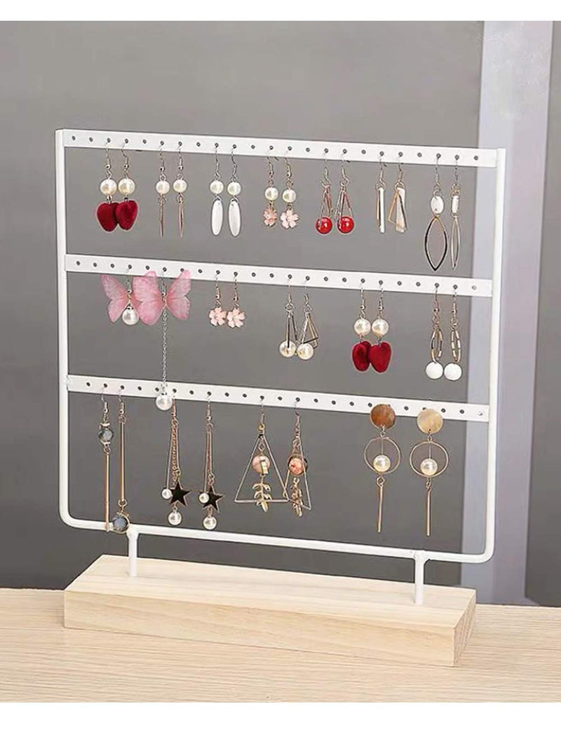 NewNest Australia - lemonadeus Earring Holder for Hanging Earrings Earring Stand Tree Display Stand Ear Stud Holder Jewelry Tower with Wooden Tray Dish (White（66 Holes 3 Layers）) White（66 Holes 3 Layers） 