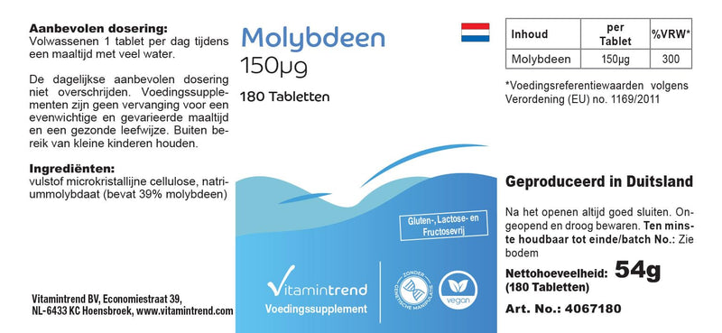 Molybdenum 150mcg - 180 tablets - ! FOR 6 MONTHS ! - vegan - essential trace element | Vitamintrend® - NewNest Australia