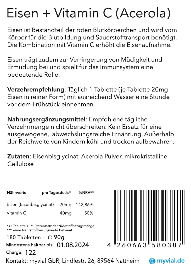 myvial® iron tablets 20 mg high dosage 180 pieces vegan without additives packed plastic-free - dietary supplement with iron bisglycinate - NewNest Australia