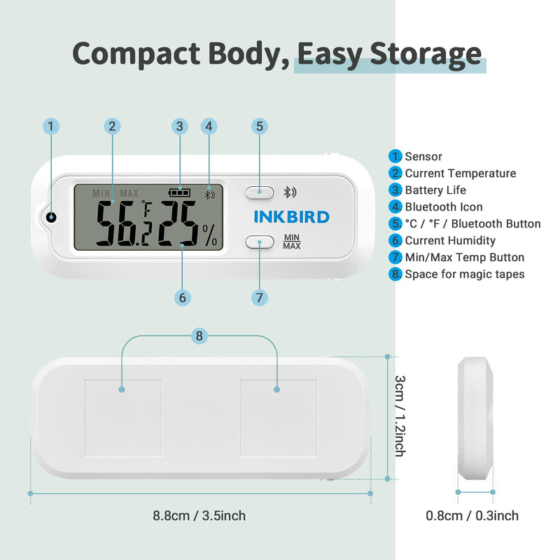 Inkbird Mini Digital Thermometer and Hygrometer, Temperature Humidity Bluetooth Smart Sensor, for Guitar Humidor Mason Jar Incubators White & Bluetooth - NewNest Australia