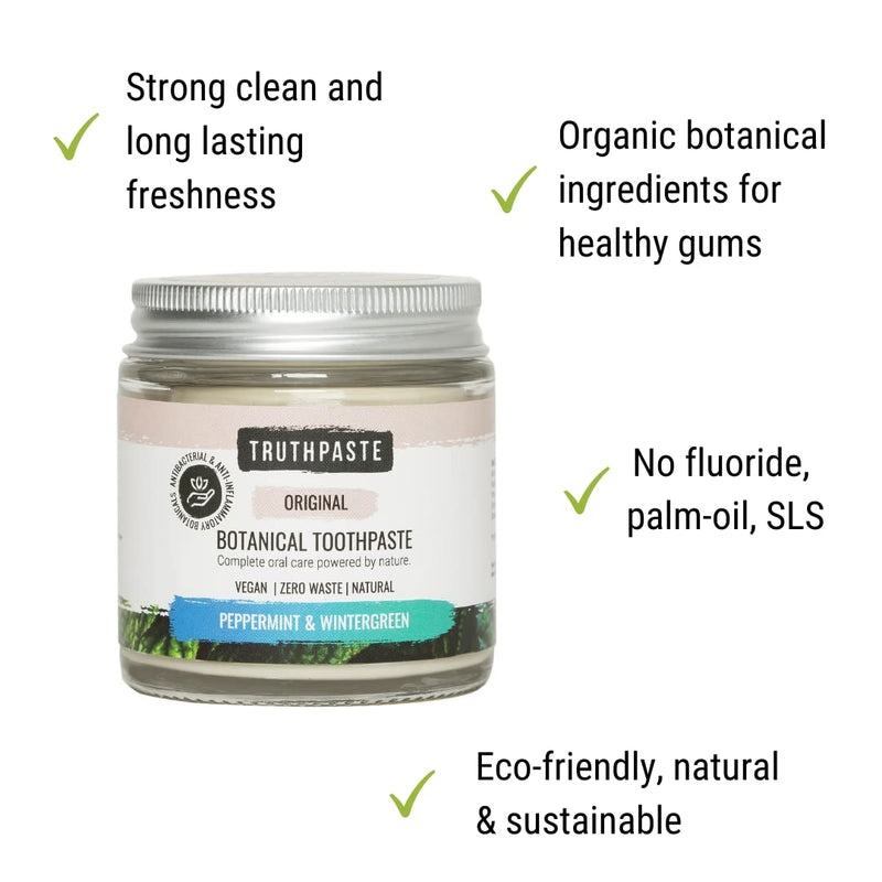 TRUTHPASTE Original Natural Zero Waste Toothpaste. Eco Friendly & Plastic Free. Vegan. Fluoride Free, SLS Free. with neem & Aloe Vera. Suitable for Sensitive Teeth. (Peppermint & Wintergreen 100ml) - NewNest Australia