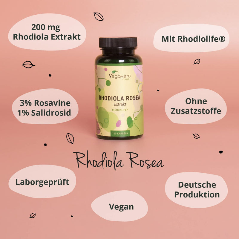 RhodioLife® Rosea Capsules Vegavero® Premium Raw Material RhodioLife® 3% Rosavin & 1% Salidroside Roseroot Extract 200 mg 120 Capsules Vegan - NewNest Australia