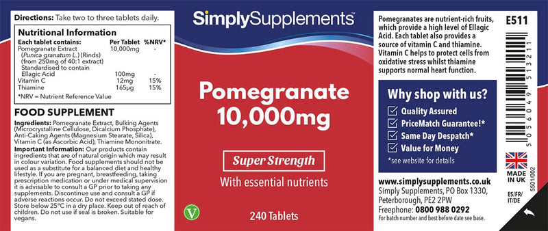 Pomegranate 10,000mg - 240 tablets - Suitable for vegans - Supply for up to 4 months - SimplySupplements - NewNest Australia