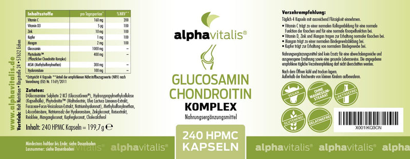 Glucosamine + Chondroitin Complex With Hyaluronic Acid, Msm, Zinc, Manganese - Vegan - 240 Capsules Without Magnesium Stearate - Joint Capsules From Alphavitalis - NewNest Australia