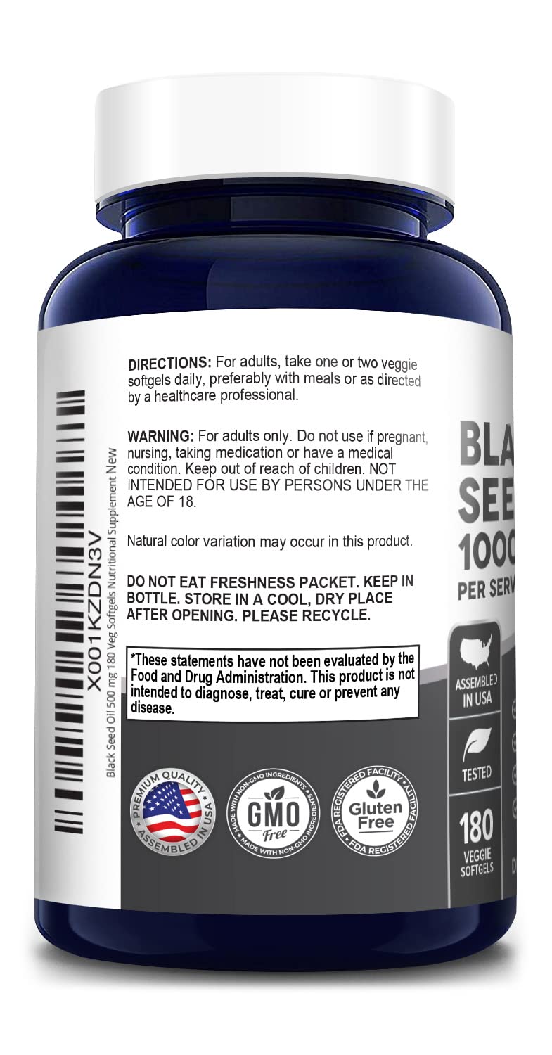 Black Seed Oil 1,000 mg per caps 180 Softgel Capsules (Non-GMO & Vegetarian) Cold-Pressed Nigella Sativa Producing Pure Black Cumin Seed Oil- 500 mg per caps - NewNest Australia