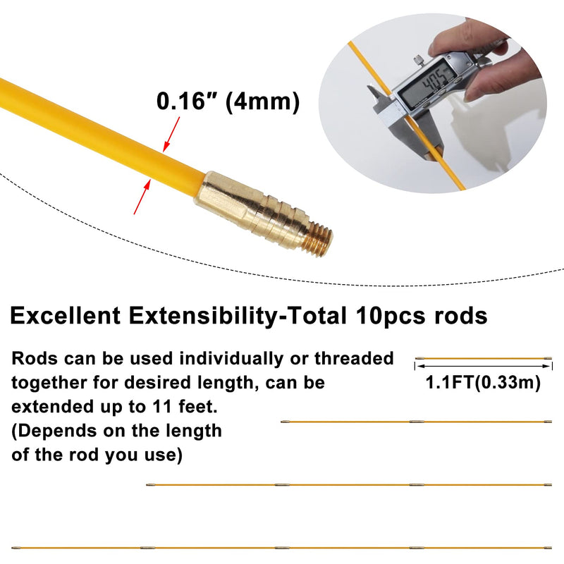 Boeray 11' Fiberglass Running Electrical Wire Cable Pulling Fish Tape Kit with 5 Different Attachments and Fish Tape Tool in a Carrying Case 11FT - NewNest Australia