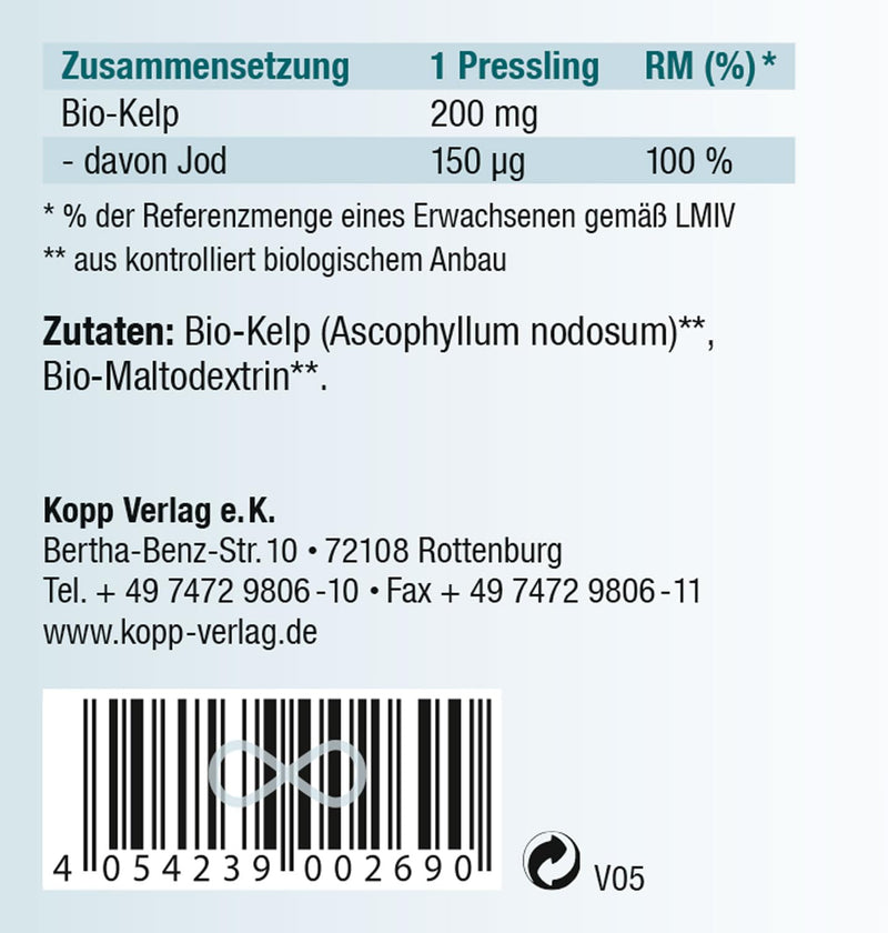 KOPP Vital® iodine from organic kelp pellets | 126g | 1 x 365 pellets | Organic brown algae | Premium Quality | Certified organic | Pharmacy quality - NewNest Australia