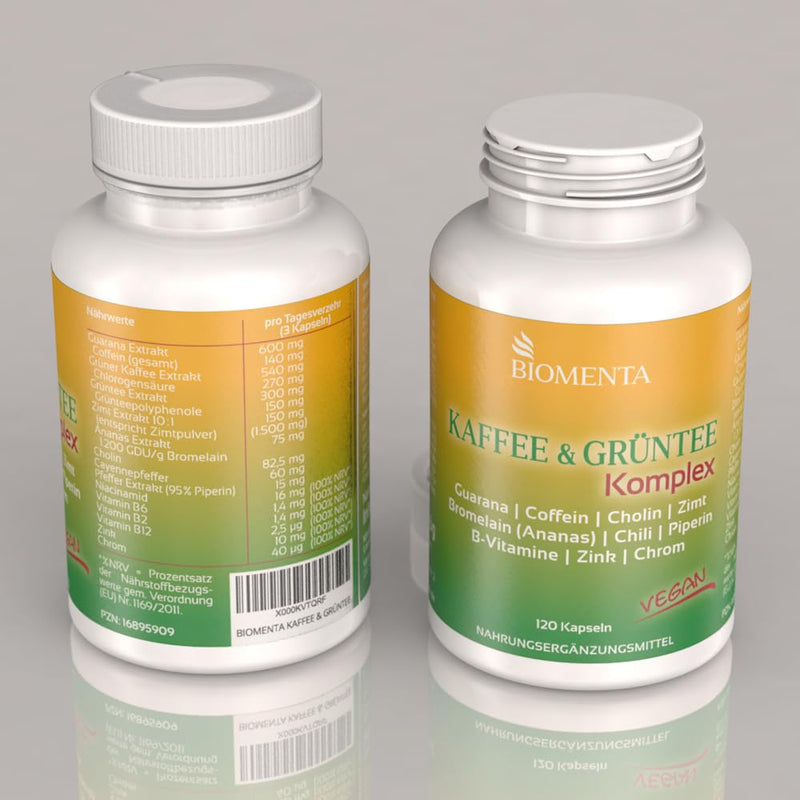Biomenta Coffee & Green Tea Complex - With Green Tea, Green Coffee, Guarana, Caffeine, Choline, Cinnamon, Bromelain, Chilli, Piperine And More - 120 Vegan Capsules - NewNest Australia