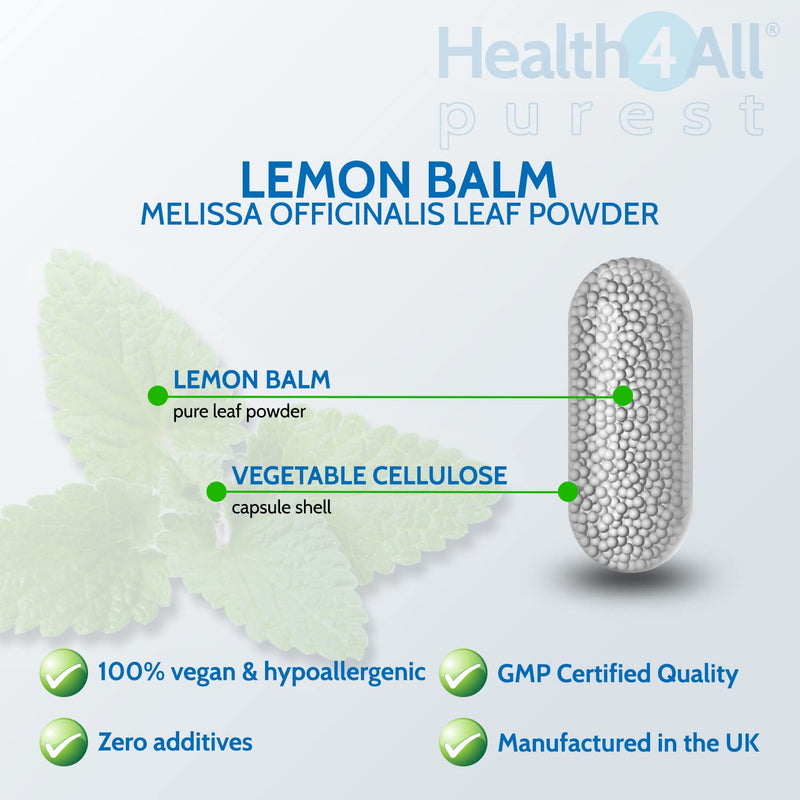 Lemon Balm 450mg 60 Capsules (V) .(not Tablets) Purest- no additives, Vegan. Melissa for Anxiety, Stress and Sleep. Made in The UK by Health4All 60 Count (Pack of 1) - NewNest Australia