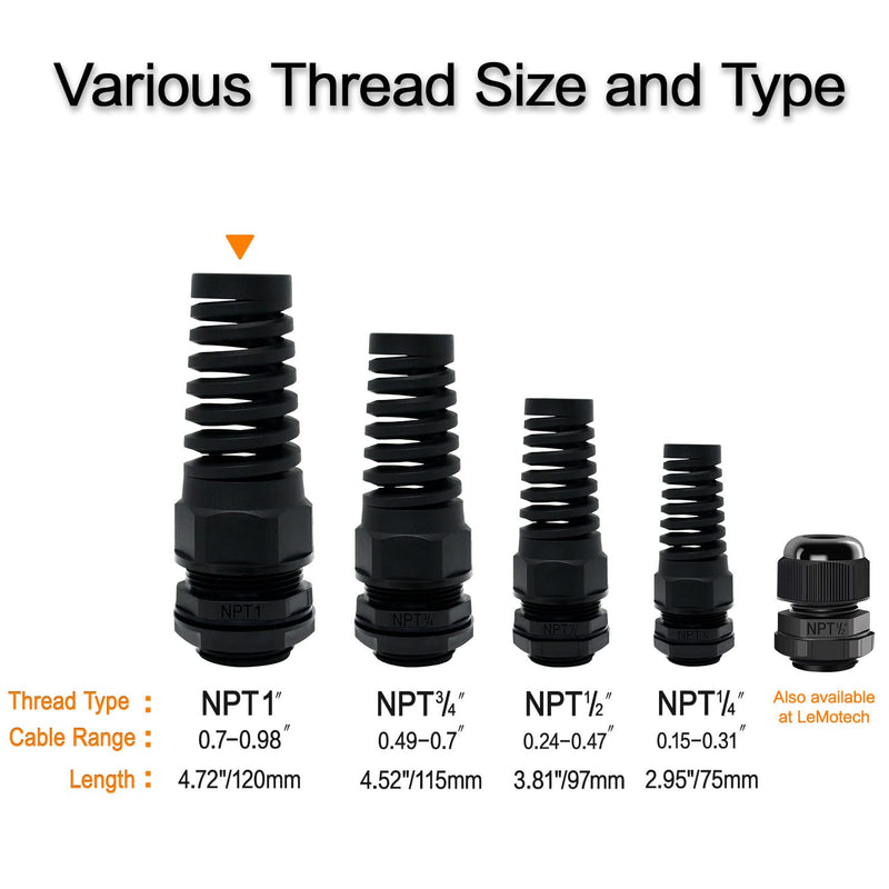 LeMotech 2Pcs NPT 1" IP68 Waterproof Cable Gland Flex Spiral Strain Relief Black Nylon Joint with Gaskets for 18-25mm Wire Thread NPT 1" (2-Pack) - NewNest Australia