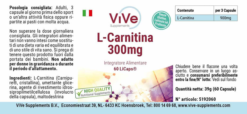 L-Carnitine 300 mg - 60 capsules - crystalline Carnipure carnitine in airtight LiCaps - high dosage and vegan | Quality from Germany from ViVe Supplements - NewNest Australia