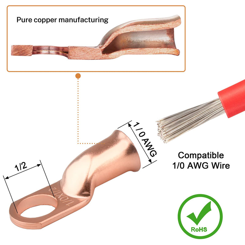 10pcs 1/0 Awg - 1/2" (M12) Sanuke Wire Lugs Ring Terminal Connectors Ends Heavy Duty for Battery Cable Lug tinned Copper Tubular Wire Electrical Eyelets with 3:1 Dual Wall Adhesive Heat Shrink 1/0 Awg - 1/2" (M12) 10 - NewNest Australia