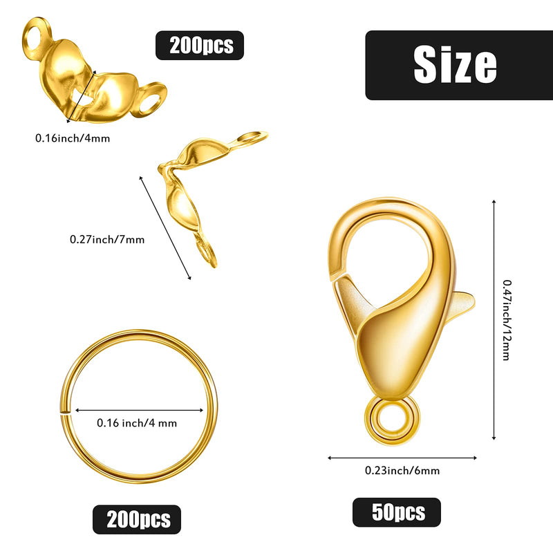 450 Pieces Jewelry Making Accessories Set Includes 200 Pieces Bead Tips Knot Covers 200 Pieces Open Jump Ring Connectors and 50 Pieces Lobster Claw Clasps for DIY Jewelry Crafts Making (Gold) Gold - NewNest Australia