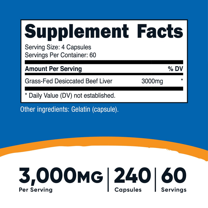 Nutricost Grass Fed Desiccated Beef Liver Capsules 240 Capsules, 3000mg (750mg Per Cap) - No Hormones, Non-GMO, Gluten Free, Pasture-Raised, Free Range Beef - NewNest Australia