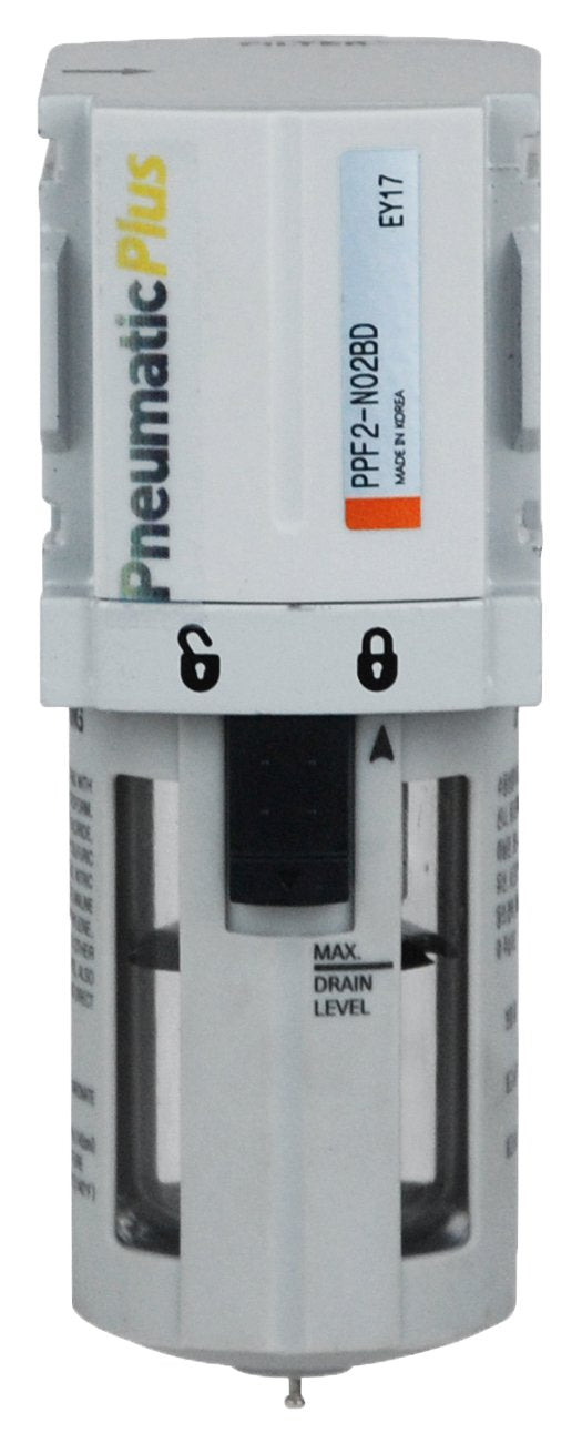 PneumaticPlus PPF2-N02B Miniature Compressed Air Particulate Filter 1/4" NPT - 5 Micron, Poly Bowl, Manual Drain, Bracket - NewNest Australia