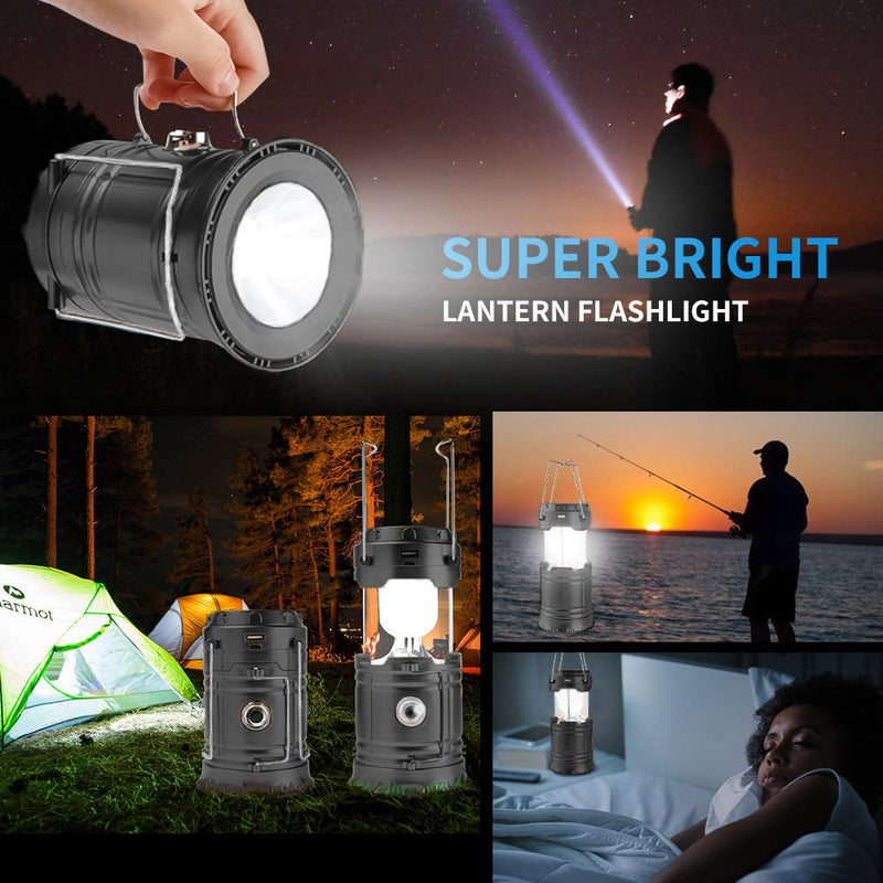 LED Camping Lantern, Solar and Rechargeable Lantern Flashlight Collapsible and Portable Light for Daily/Camp/Hiking/Night Fishing/Emergency/Hurricanes/Storm(Black, 1 Pack) Black - NewNest Australia