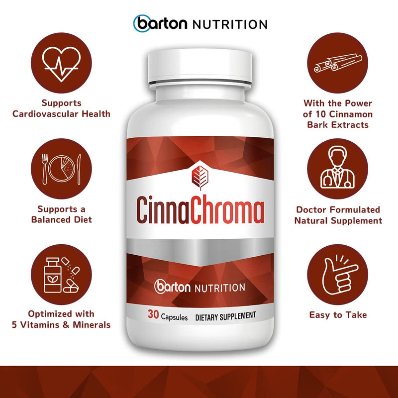 Barton Nutrition CinnaChroma Cinnamon Capsules - Cinnamon Extract Supplement with Chromium Picolinate and Vanadium - 30 Capsules - with VIT D3 and K2 to Support Metabolism and Cardiovascular Health - NewNest Australia