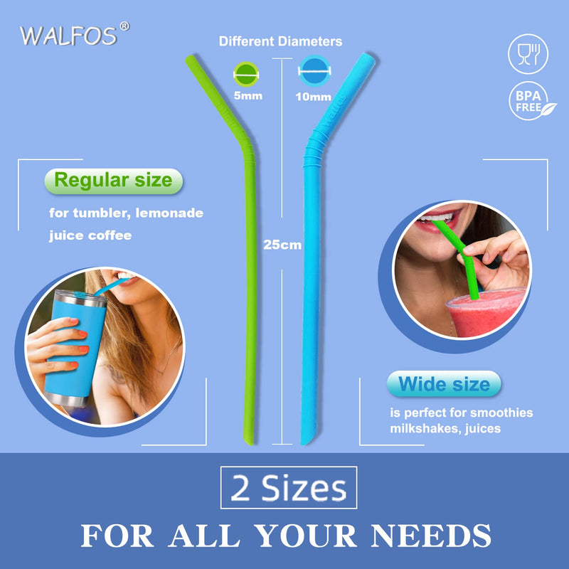 Walfos Reusable Silicone Straws - Long 2 Size Flexible Drinking Straws for Smoothie, Milkshake, Cocktail and Hot Drinks - 4 Big Straws + 4 Regular Straws BPA Free+ Cleaning Brushes + 1 Storage Pouch - NewNest Australia