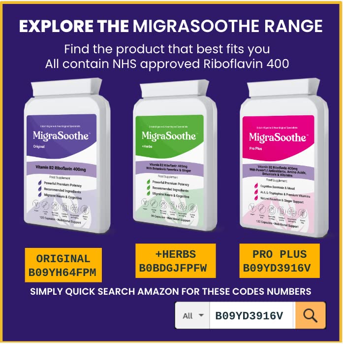 Migraine Relief Feverfew + Ginger + Vitamin B2 Riboflavin 400mg per Capsule - Migrasoothe + Herbs NHS Recommended Ingredients UK Made Stress, Headaches Tremors & Energy Vegan. Vitamin B2 400 [30] 30 - NewNest Australia