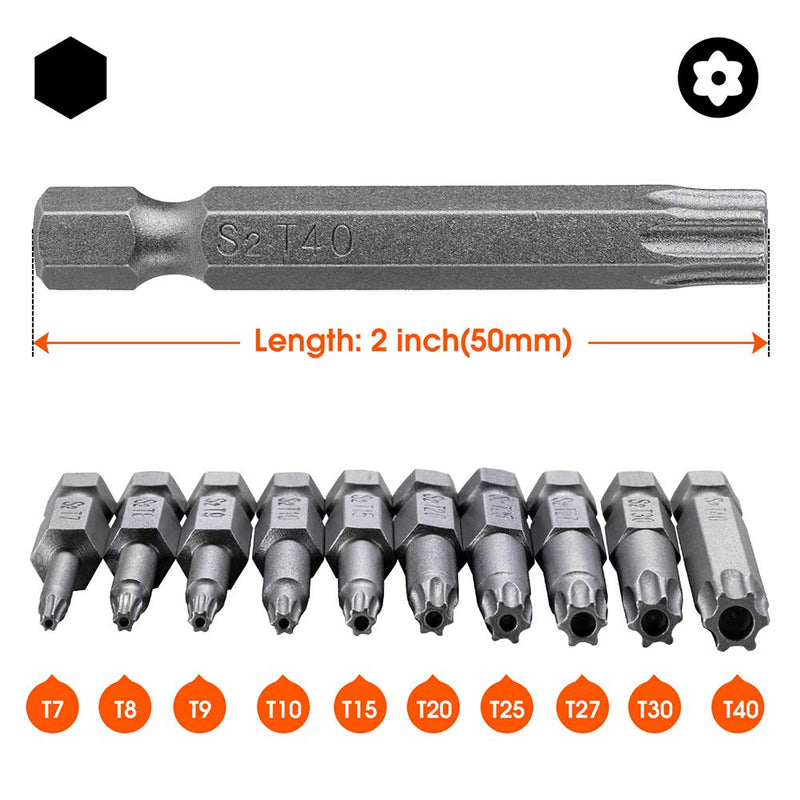 10PCS Torx Head Screwdriver Bit Set, VAKOGAL S2 Steel Magnetic Security Tamper Proof Star 6 Point Screw Driver Kit Tools, 1/4 Inch, Hex Shank T7-T40 - NewNest Australia