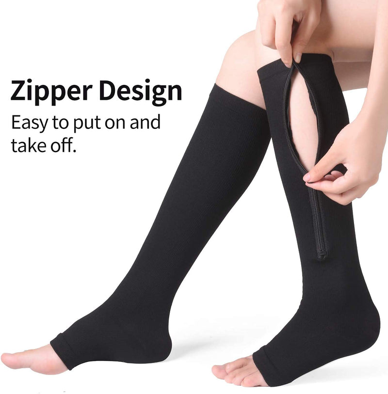 Bropite Zipper Compression Socks - 2Pairs Calf Knee High Stocking - Open Toe Compression Socks for Walking，Runnng，and Sports A - Black Small-Medium - NewNest Australia
