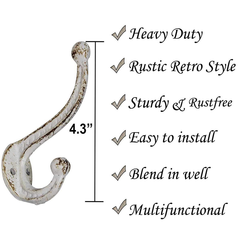 NewNest Australia - Cast Iron Coat Hooks Set of 4 Rustic White Farmhouse Decorative Wall Mounted Double Hooks for Coats Bags Towels Heavy Pans (Rustic White) 
