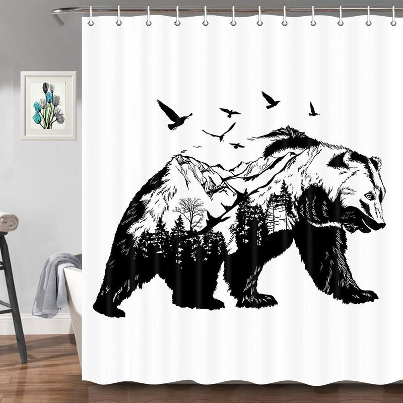 Bear Shower Curtain for Bathroom, Hand Drawn Bear with Forest Trees Birds Animal Black and White Shower Curtain, Funny Shower Curtain, 70X70 in, Shower Curtains Hooks Included 70''W By 70''L - NewNest Australia