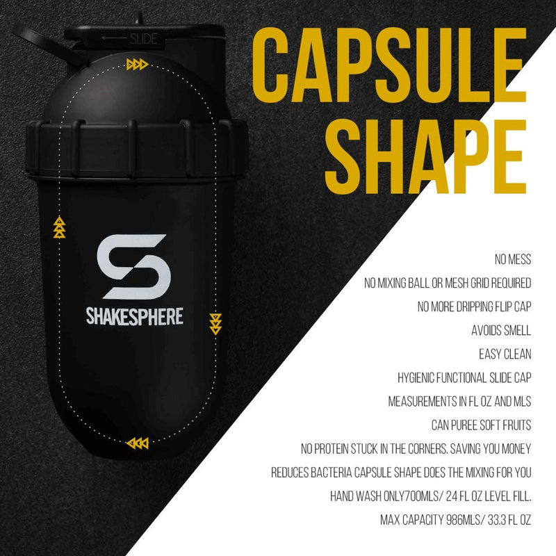 ShakeSphere Tumbler: Protein Shaker Bottle, 700ml - Capsule Shape Mixing - Easy Clean Up - No Blending Ball or Whisk Needed - BPA Free - Mix & Drink Shakes, Smoothies, More - Matte Black/Black Logo Matte Black With Black Logo - NewNest Australia