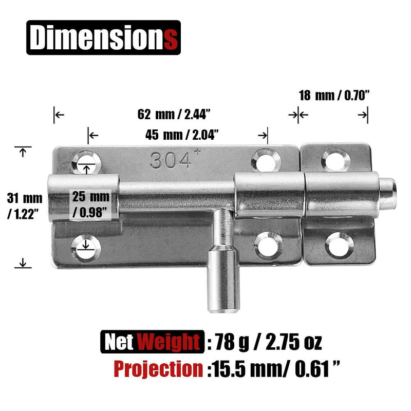 JQK Barrel Bolt Door Latch, 304 Stainless Steel Thickened 1.4mm, 3 Inch Silver, 2 Pack HBB100-P2 2 Pieces - NewNest Australia