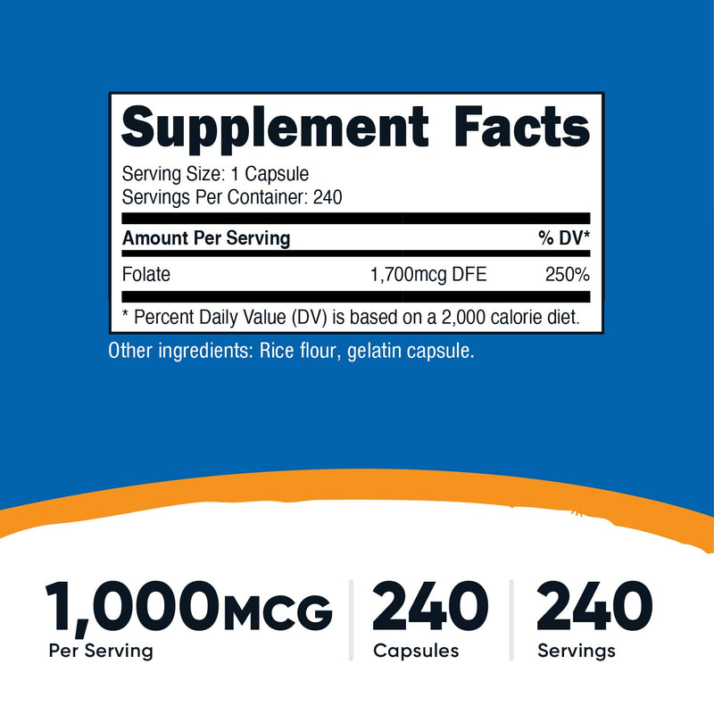 Nutricost Folic Acid (Vitamin B9) 1000 mcg, 240 Capsules 240 Count (Pack of 1) - NewNest Australia