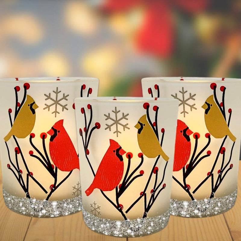 NewNest Australia - BANBERRY DESIGNS Cardinal Votive Holders - Set of 3 Frosted Glass Candle Holders - Cardinal Birds in a Winter Scene with Berries - 3 Flameless Tealight Candles Included 