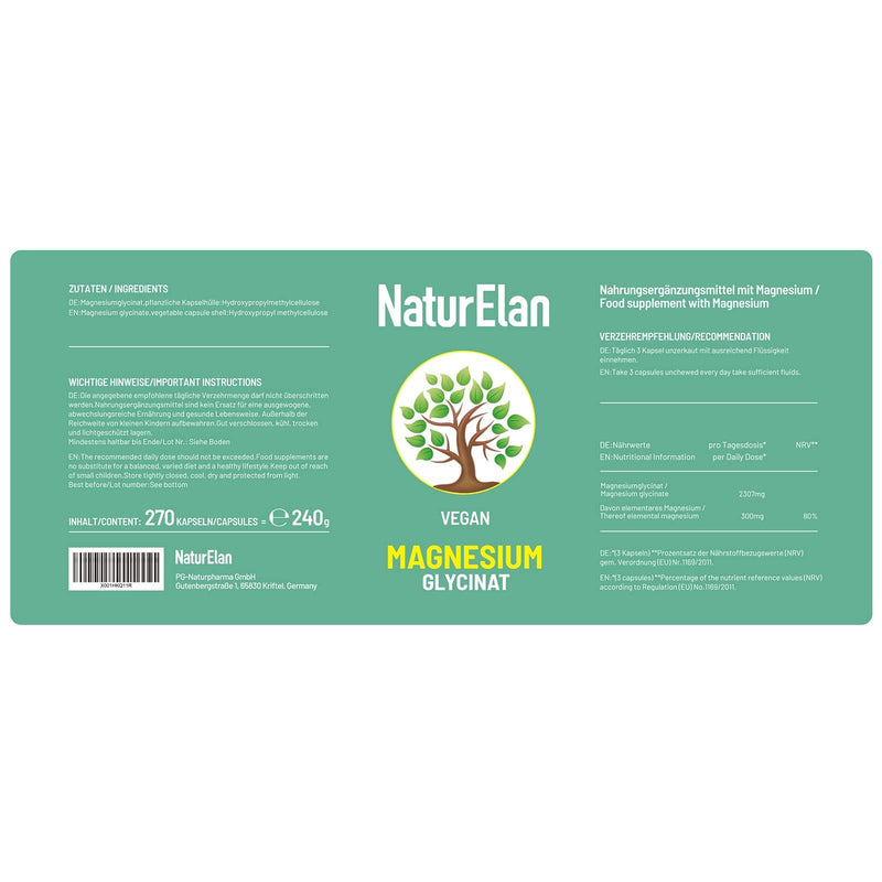 Naturelan Magnesium Glycinate High Dose Capsules - 270 Vegan Capsules, 770Mg Magnesium Glycinate Per Capsule, Of Which 100Mg Elemental Magnesium, Laboratory Tested, Produced In Germany - NewNest Australia