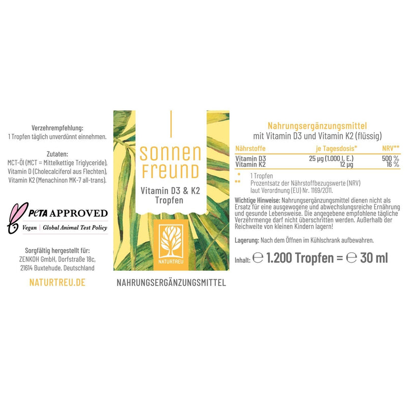 NATURTREU® Vitamin D3 K2 drops high dosage & vegan - 100% plant-based (without animal lanolin) - 1000 IU vitamin D + vitamin K2 - Sonnenfreund - NewNest Australia