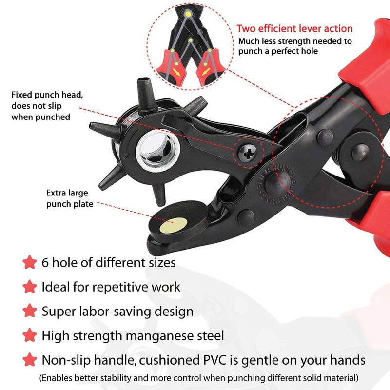 Leather Hole Punch Tool for Belt - Multi Hole Sizes Puncher for Belts, Watch Bands, Straps, Dog Collars, Saddles, Shoes, Fabric, DIY Home or Craft Projects - with 5/32" Grommet Eyelet Kit 100 Sets 02-Black/Red - NewNest Australia