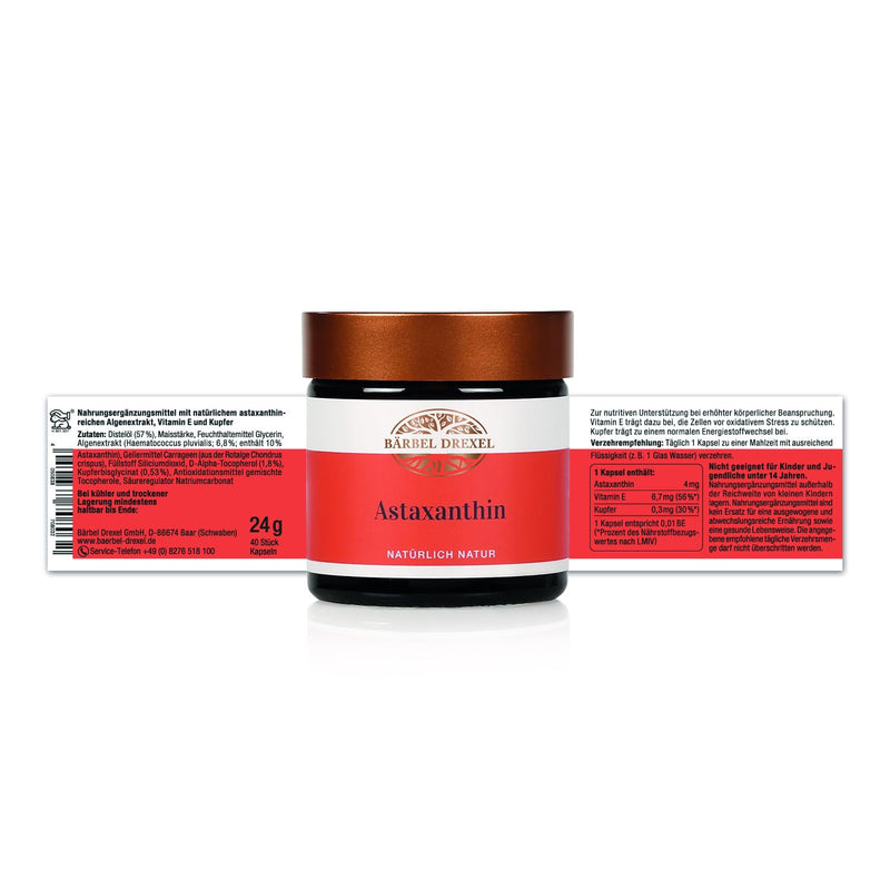 BÄRBEL DREXEL® Astaxanthin 4mg High dosage from the Haematococcus Pluvialis micro-algae, softgel capsules (40 pieces) 100% vegan made in Germany, immune system antioxidants vitamin E capsules - NewNest Australia