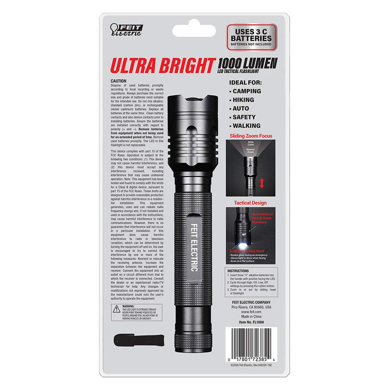 Feit Electric FL1000 Ultra Bright 1000/260 Lumens 3-Cell C, Zoomable Strike Bezel LED Tactical Flashlight, 8.1" L x 1.6" D, Black 1000 lumens - NewNest Australia