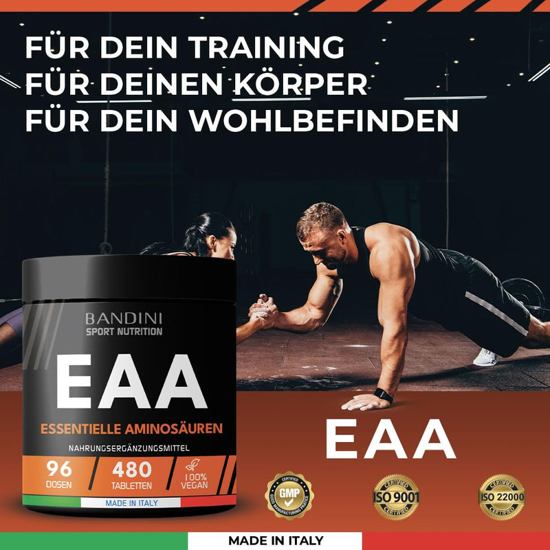 Bandini® EAA amino acid complex high dosage | 480 vegan amino tablets with 9 different amino acids | Pre Post Workout Booster | Neutral in taste, vegan, no additives, laboratory tested 480 units (neutral) - NewNest Australia
