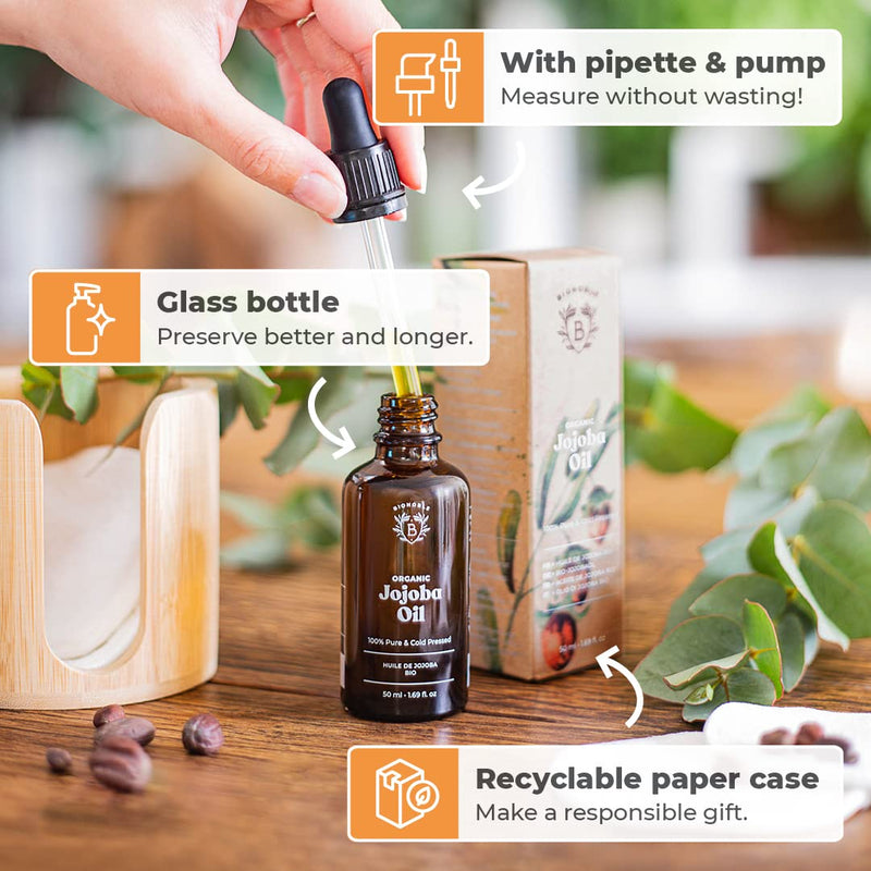 Bionoble Organic Jojoba Oil 50ml - 100% Pure, Natural and Cold Pressed - Face, Body, Hair, Beard, Nails - Vegan and Cruelty Free - Glass Bottle + Pipette + Pump 50 ml (Pack of 1) - NewNest Australia