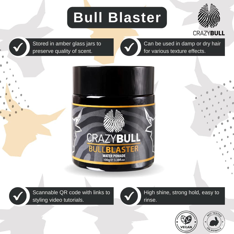 Crazy Bull Pomade - Vegan & Water Based Strong Hold Hair Styler with High Shine Finish - Styling Product with Artificial Beeswax for Thickening, Volumising, & Defining Hair - Light Cologne Scent - NewNest Australia