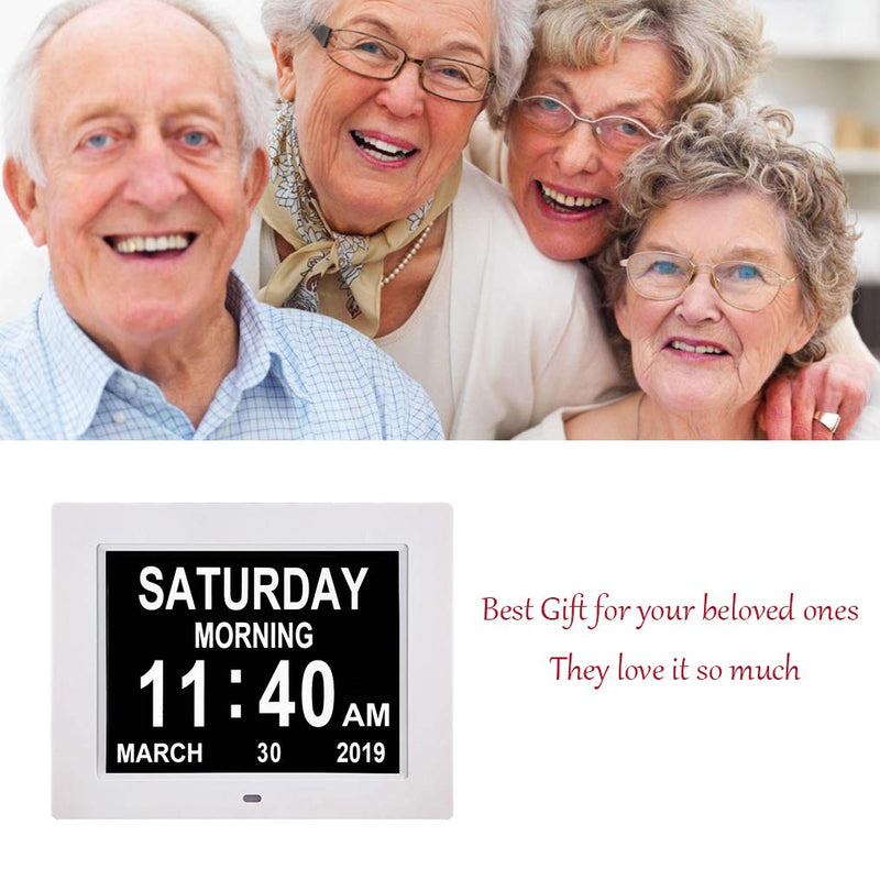 NewNest Australia - [Newest Version] Digital Calendar Day Clock with 8 Alarm Options, Extra Large Non-Abbreviated Day&Month for Seniors, Elderly, Memory Loss, Alzheimer (8-inch) White 
