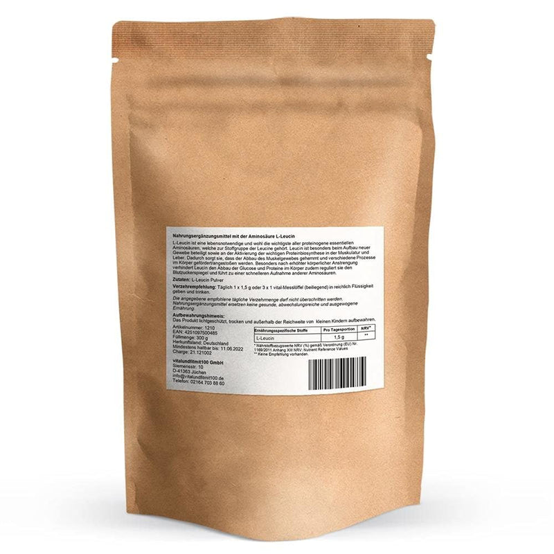 L-Leucine powder 300 g - essential proteinogenic amino acid - fermentation production - non-GMO - 100% vegan and pure - gluten-free/lactose-free - without auxiliary substances or additives - NewNest Australia
