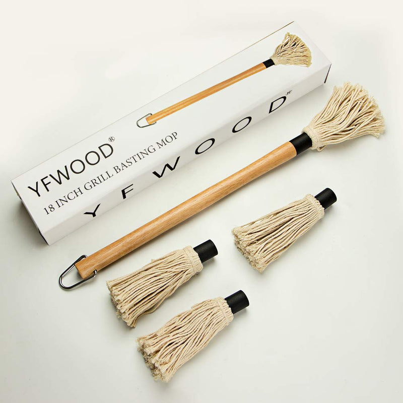 NewNest Australia - YFWOOD 18 Inch Grill Basting Mop Wooden Long Handle with 3 Extra Replacement Heads for BBQ Grilling Smoking Steak 