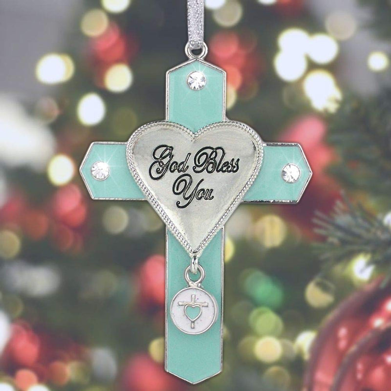 NewNest Australia - BANBERRY DESIGNS God Bless You Jeweled Hanging Ornament Cross with Charm Metal 3" H Religious Gifts for Women 