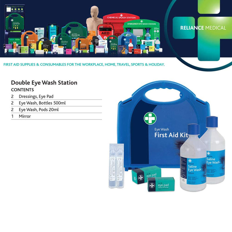 RELIANCE MEDICAL First Aid Eye Wash Kit - 2 x 500ml Reliwash Eyewash Bottles with Mirror - 2 x 20ml Saline Sterile Solution Pods Drops for Eyes And Eye Pads - NewNest Australia