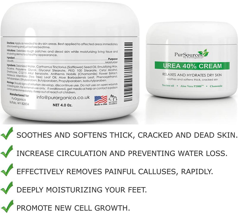 PurSources Urea 40% Foot Cream 4 oz - Best Callus Remover - Moisturizes & Rehydrates Thick, Cracked, Rough, Dead & Dry Skin - For Feet, Elbows and Hands + Free Pumice Stone - NewNest Australia