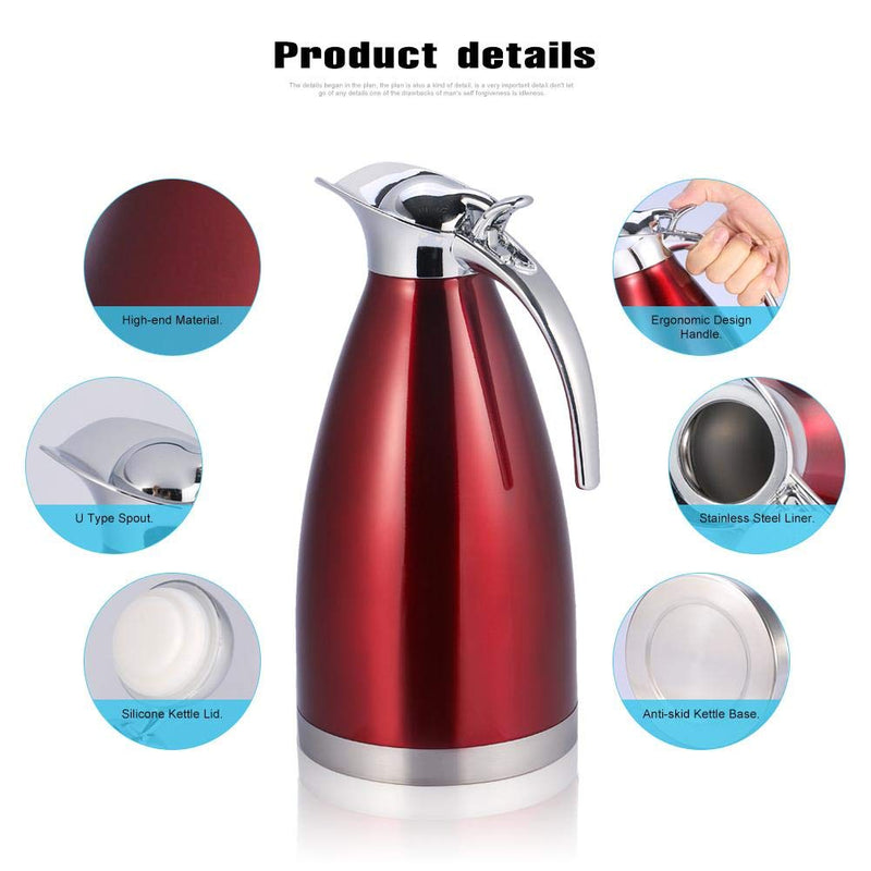 Coffee Pot,Stainless Steel Coffee Tea Pot Double Wall Vacuum Insulated Thermo Jug Hot Water Bottle(2L-Red) 2L Red - NewNest Australia