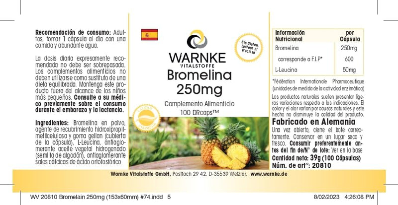 Bromelain capsules - 250mg bromelain per capsule - 600 FIP - natural pineapple enzyme - vegan & high dosage - 100 capsules | Warnke vital substances - NewNest Australia