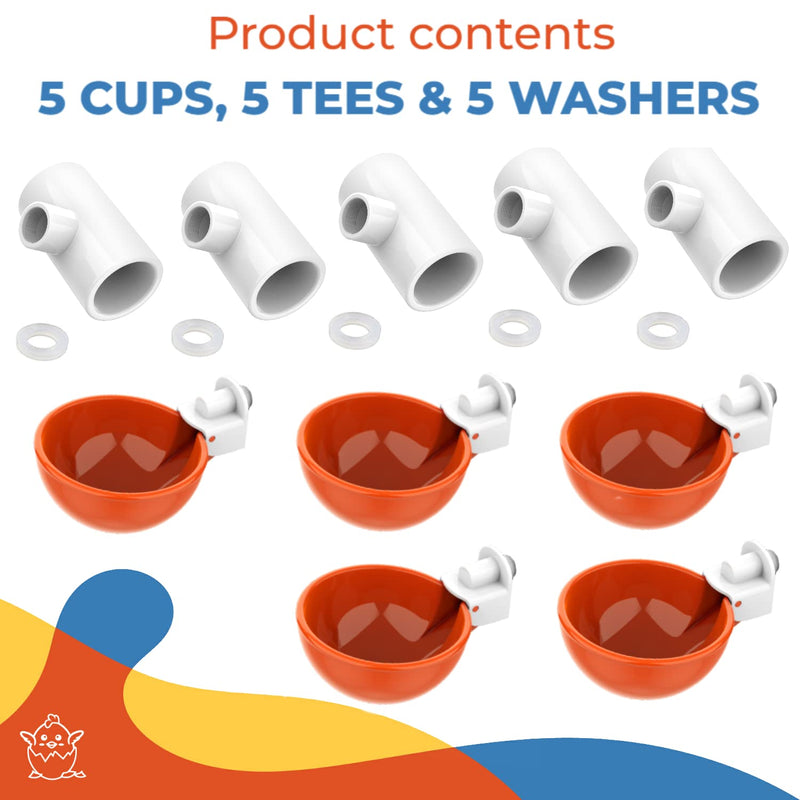 Lil'Clucker 5pc Large Automatic Chicken Waterer Cups with 1/2" PVC Tee Fittings - Chicken Water Cups, Chicken Water Feeder, for Chicks, Duck, Goose, Turkey - Poultry Waterer Feeder Kit - (Orange) - NewNest Australia