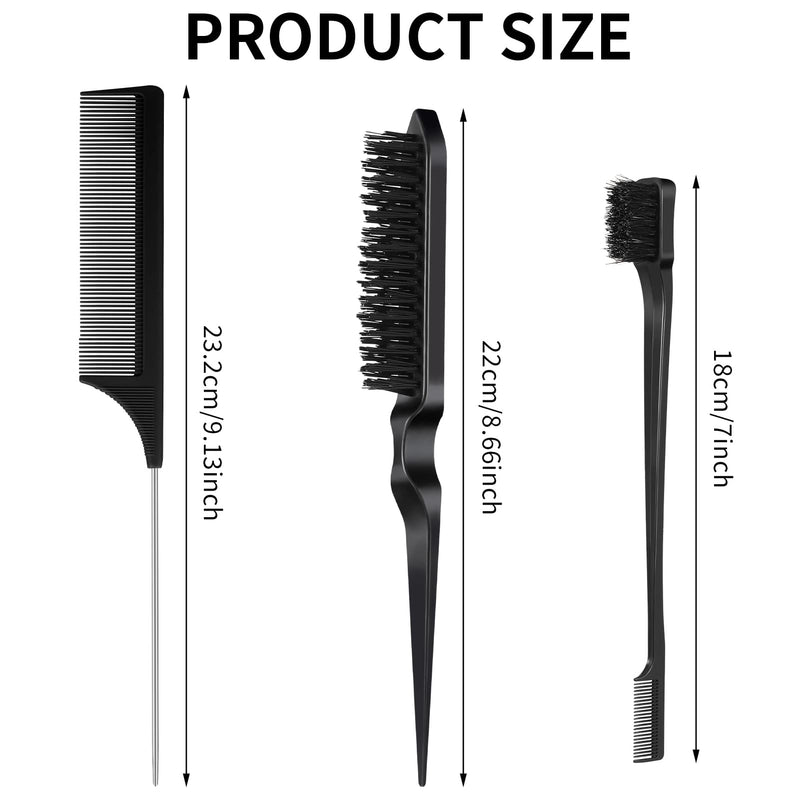 Fuyamp 3 Packs Slick Brush Set Teasing Brush Set, Plastic Bristle Hair Brush Teasing Comb Edge Hair Brush Grooming Combs Sturdy Rat Tail Comb Double Sided Edge Brush for Women Hair Salon Hair Slicking Black - NewNest Australia